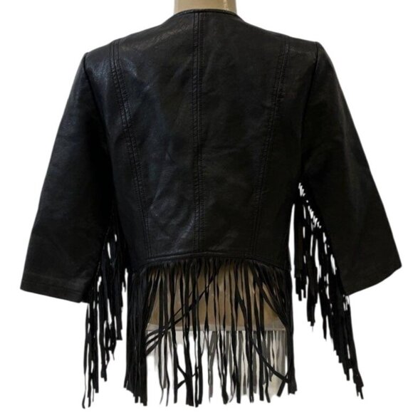 Glamorous S/M Jr Black Fringe Faux Leather Jacket Open Front 3/4 Sleeve RL10436 - Picture 10 of 11